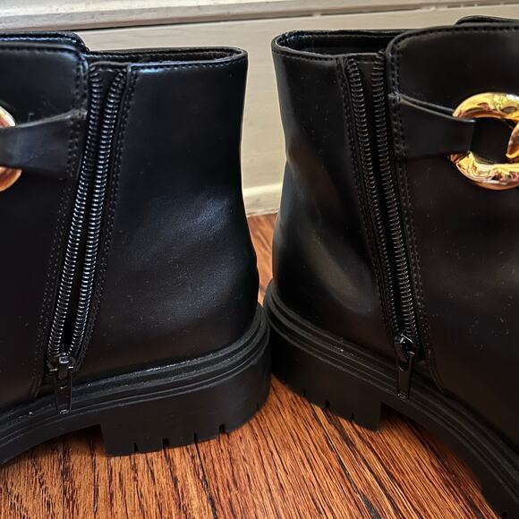 INC International Concepts Black Combat Ankle Boots Size 7M Gold Braid Bikercore - Picture 14 of 16